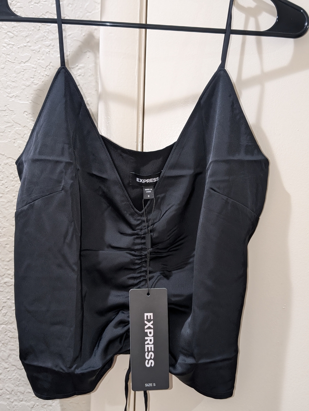 NWT Express Black Satin Ruched Drawstring Crop Top Cami